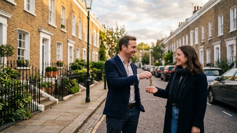 A landlord handing over house keys to a tenant on a London residential street