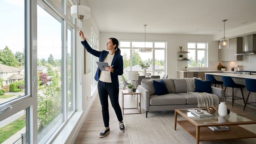 A property manager inspecting a bright, modern rental apartment